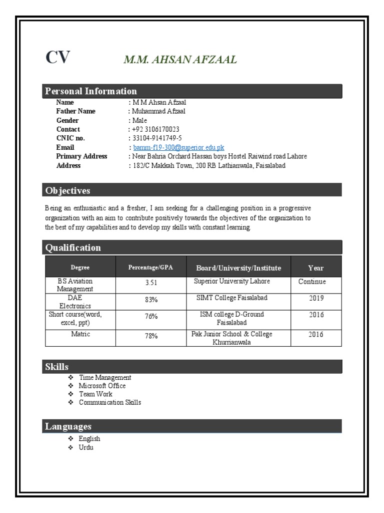 CV of M.M. Ahsan Afzaal | PDF