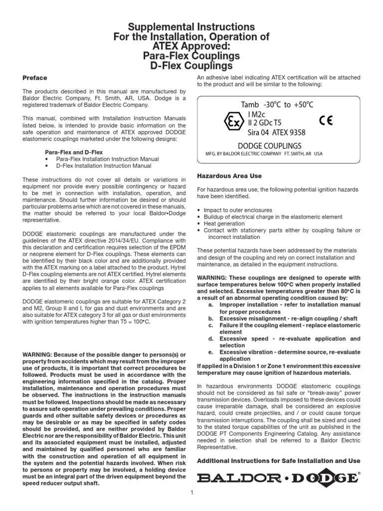 Supplemental Instructions For The Installation, Operation of ATEX