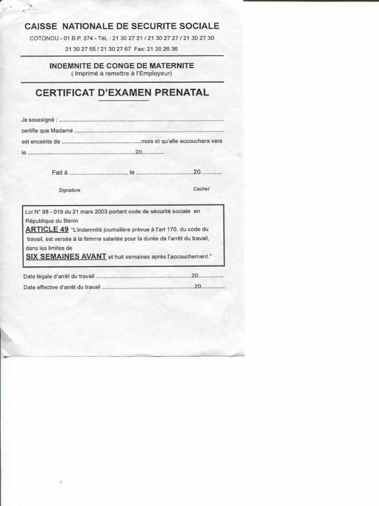Certificat D'examen Prénatal | PDF