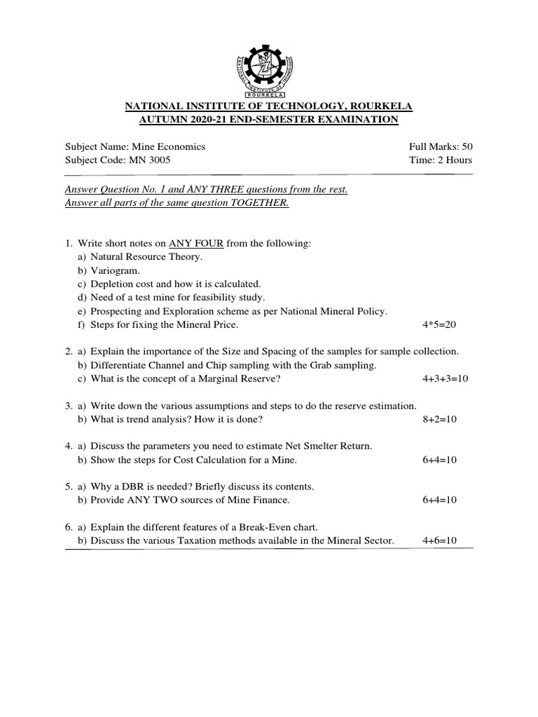 Mine Economics Exam Questions 2020-21 | PDF | Teaching Methods & Materials