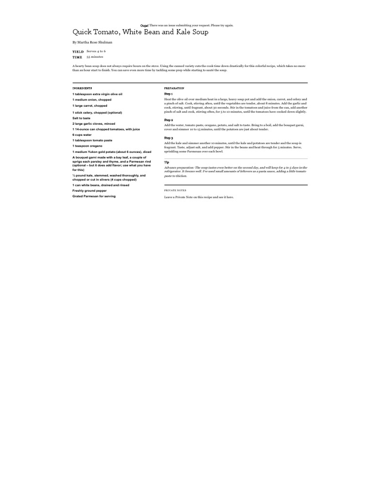 Quick Tomato, White Bean and Kale Soup Recipe NYT Cooking PDF