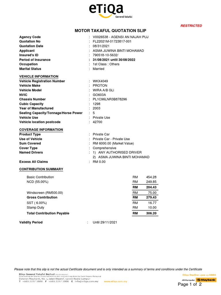 Motor Takaful Quotation Slip Restricted PDF Legal Liability Duty