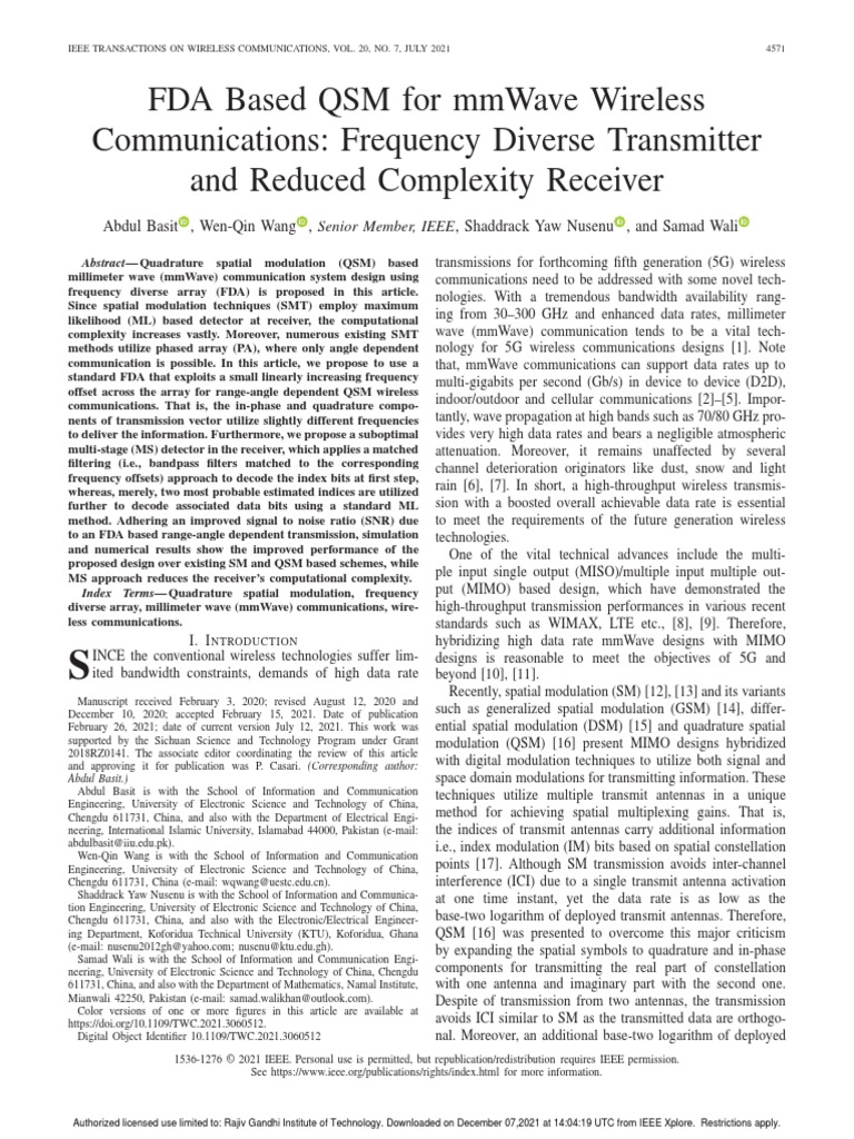 FDA Based QSM For MmWave Wireless Communications Frequency Diverse ...