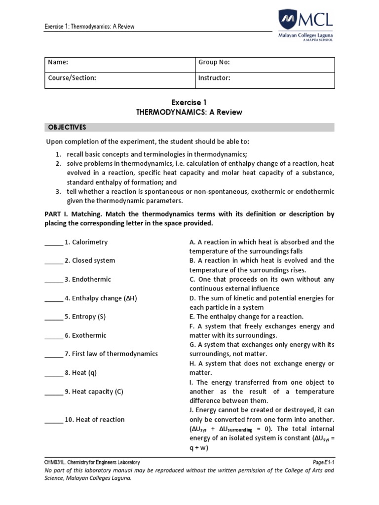 Exercise 1 Thermodynamics Pdf Heat Enthalpy