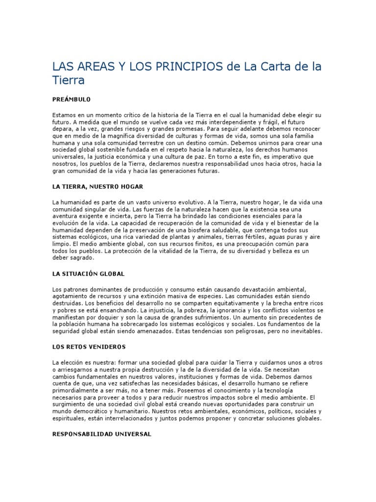 LAS AREAS Y LOS PRINCIPIOS de La Carta de La Tierra | PDF ...