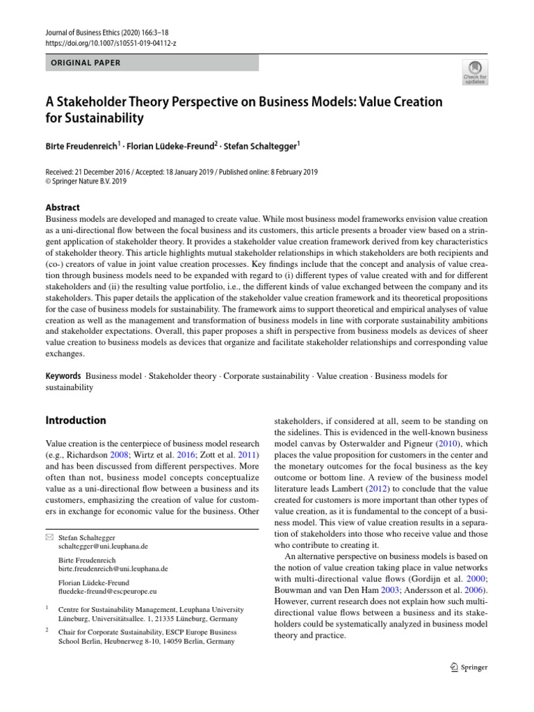 A Stakeholder Theory Perspective On Business Models Value Creation For