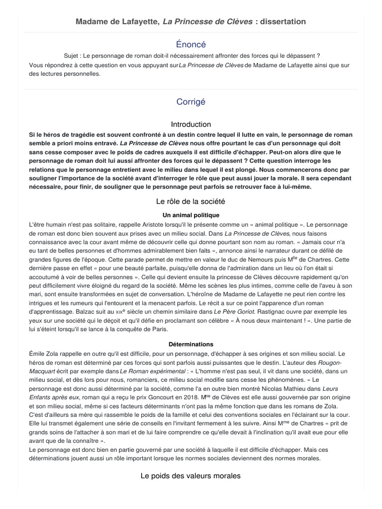 Dissertation Princesse De Clèves Bac 2020 1re Francais Madame de Lafayette La Princesse de Cleves Dissertation | PDF  | Romans | Moralité