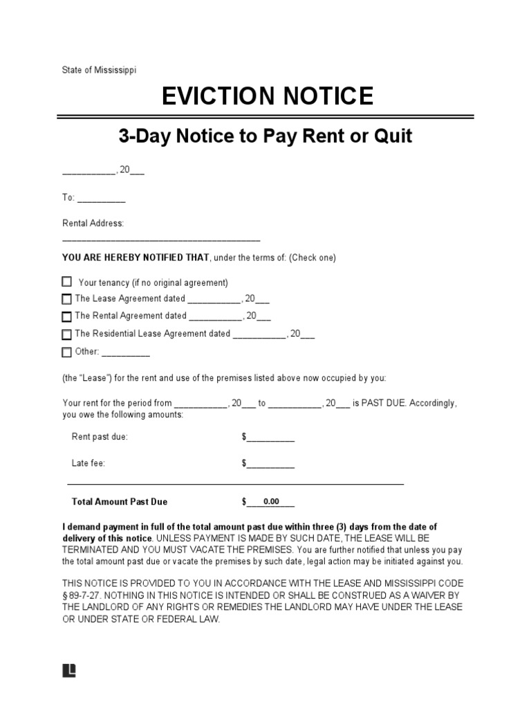 Printable 3 Day Eviction Notice Mississippi