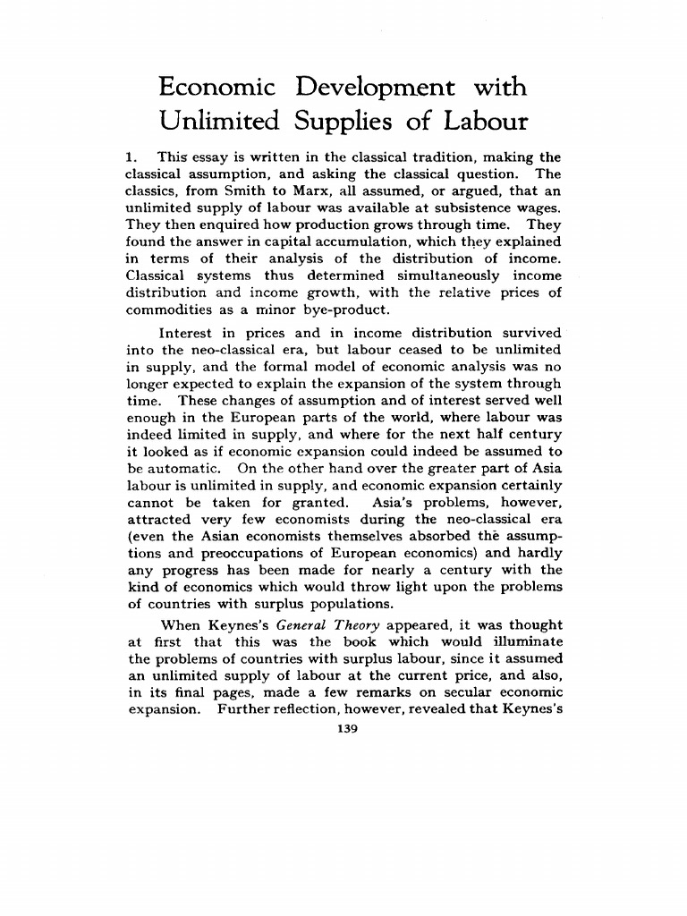 LEWIS, W. A. (1954) Economic Development With Unlimited Supplies of