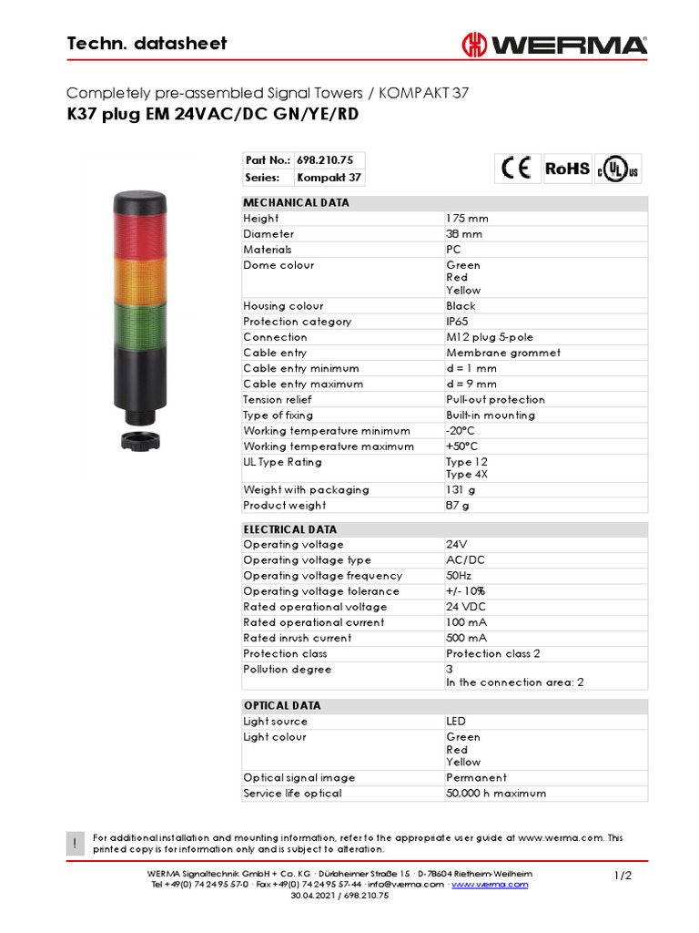 Techn. Datasheet: K37 Plug EM 24VAC/DC GN/YE/RD | PDF | Electronics ...