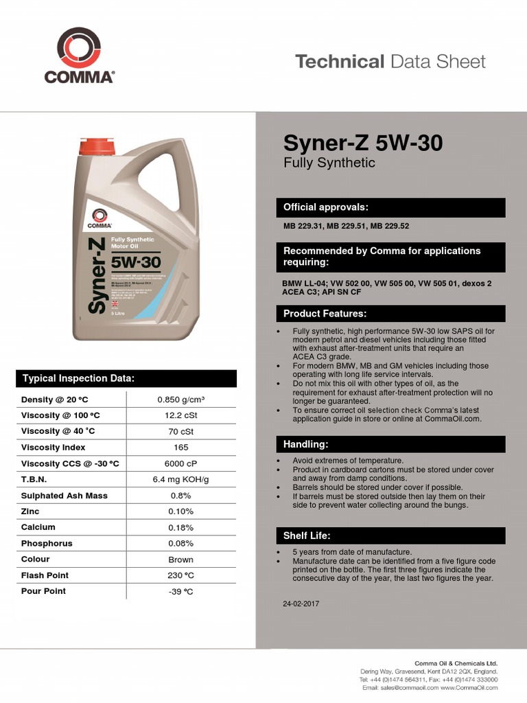 Syner-Z 5W-30: Fully Synthetic | PDF | Liquids | Chemistry