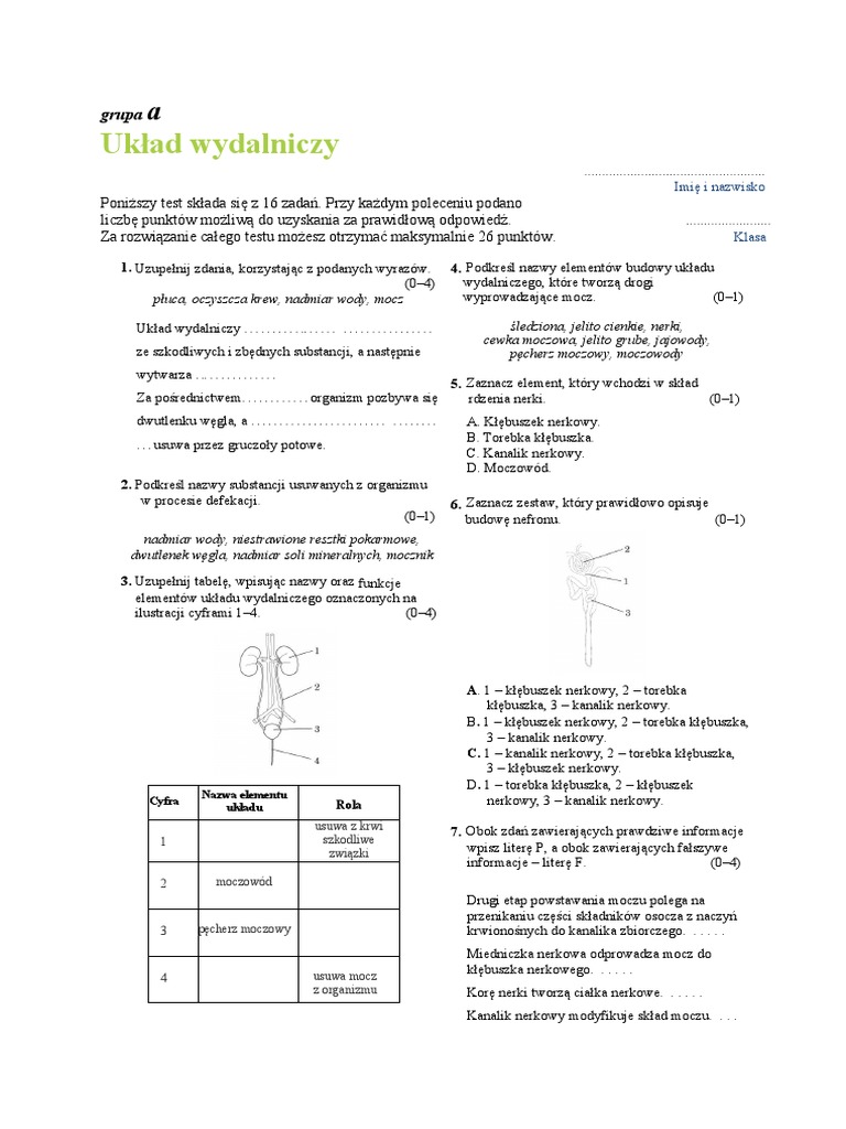 Biologia Klasa 7 Dzial 2 Test Sprawdzian Biologia Klasa 7 Układ Wydalniczy - Margaret Wiegel