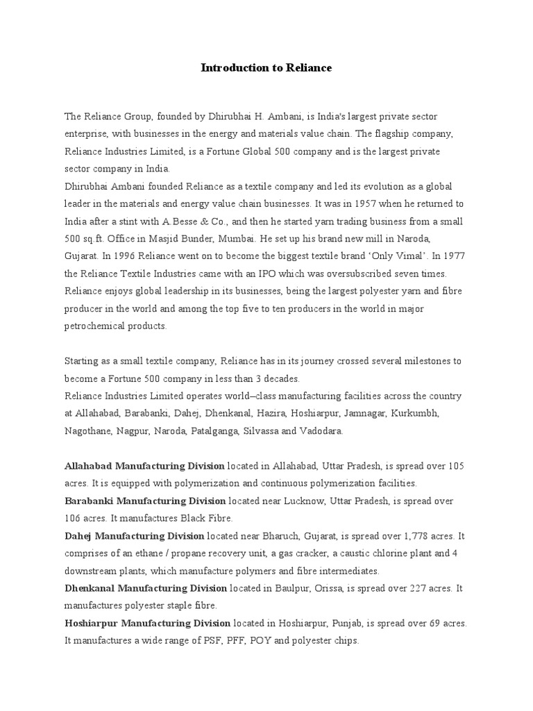 Overview of Reliance Industries | PDF | Materials | Textiles
