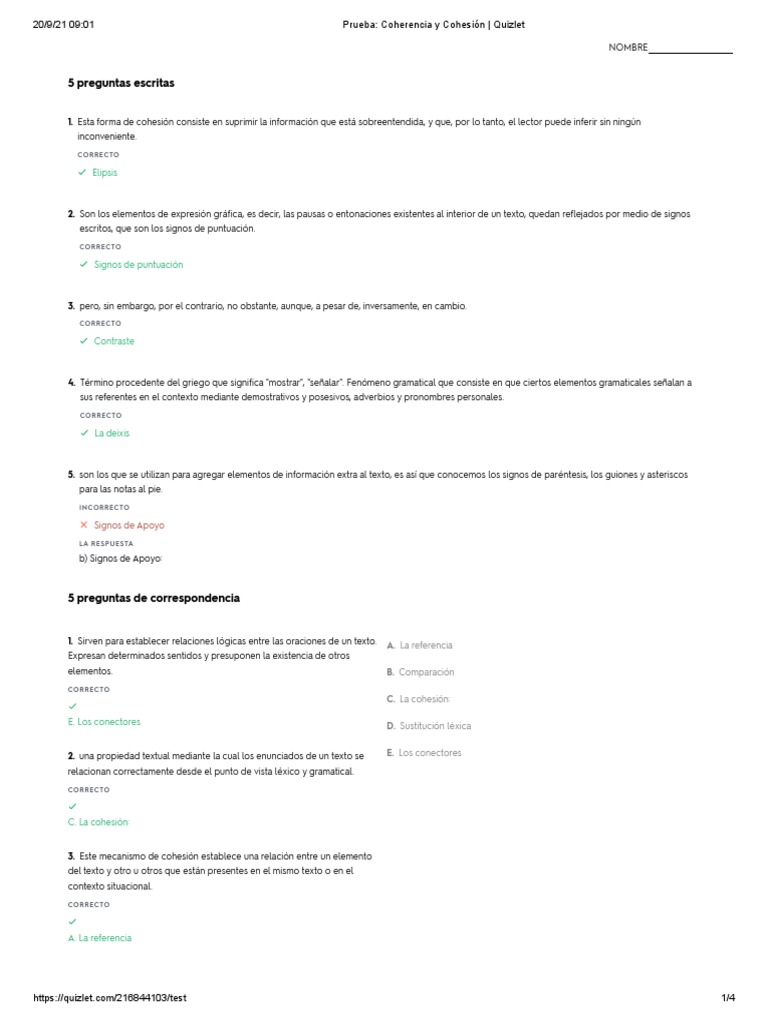 Prueba Coherencia y Cohesión Quizlet PDF Puntuación Comunicación