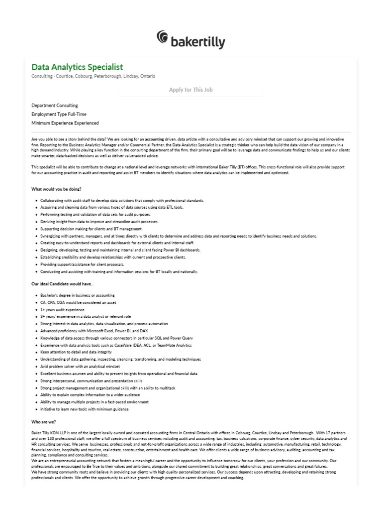 Data Analytics Specialist - Baker Tilly | PDF | Analytics | Consultant