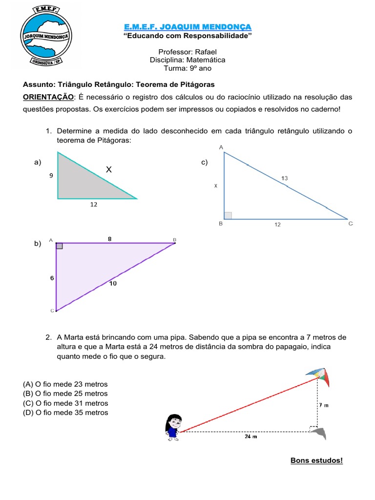Exercícios 9 Ano - Triangulo Retangulo | PDF