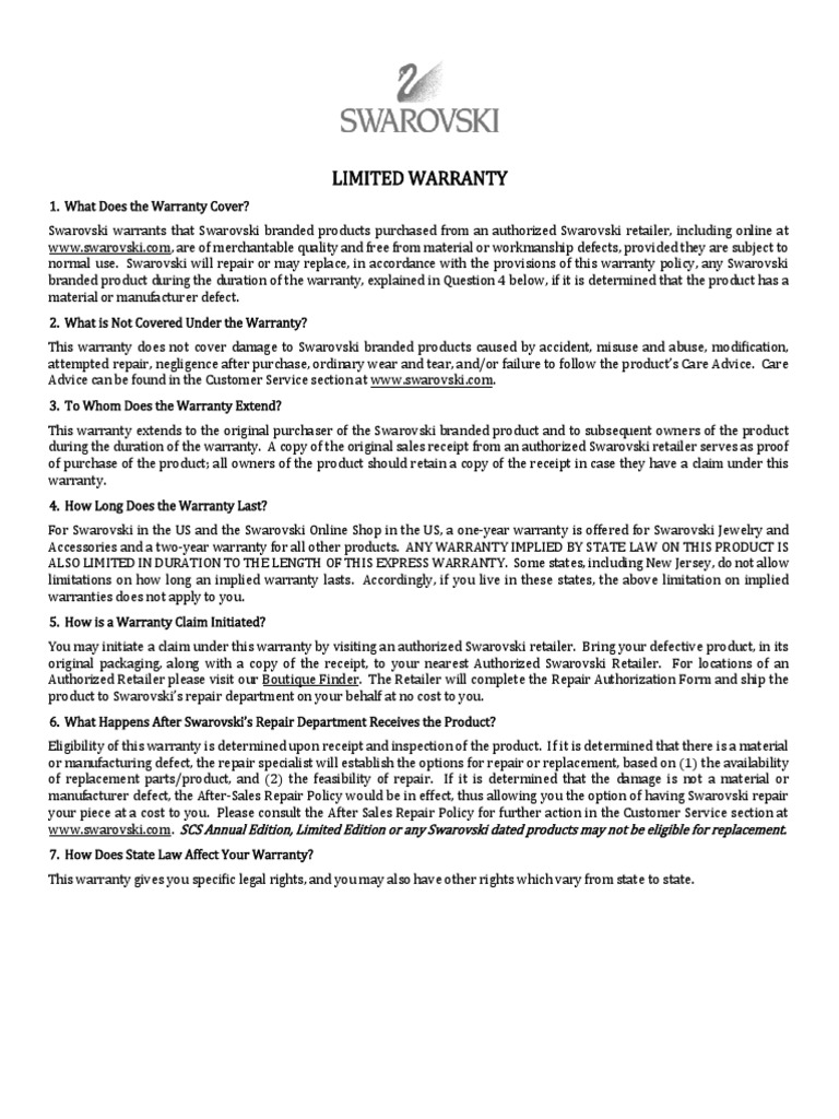 Swarovski Limited Warranty Terms and Conditions for Repair or