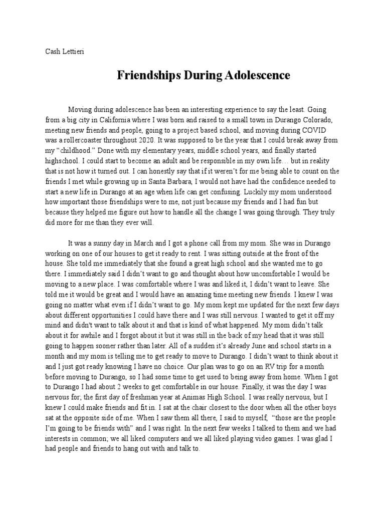 Cash Lettieri - Adolescence Essay Final Draft | PDF | Schools | Middle ...