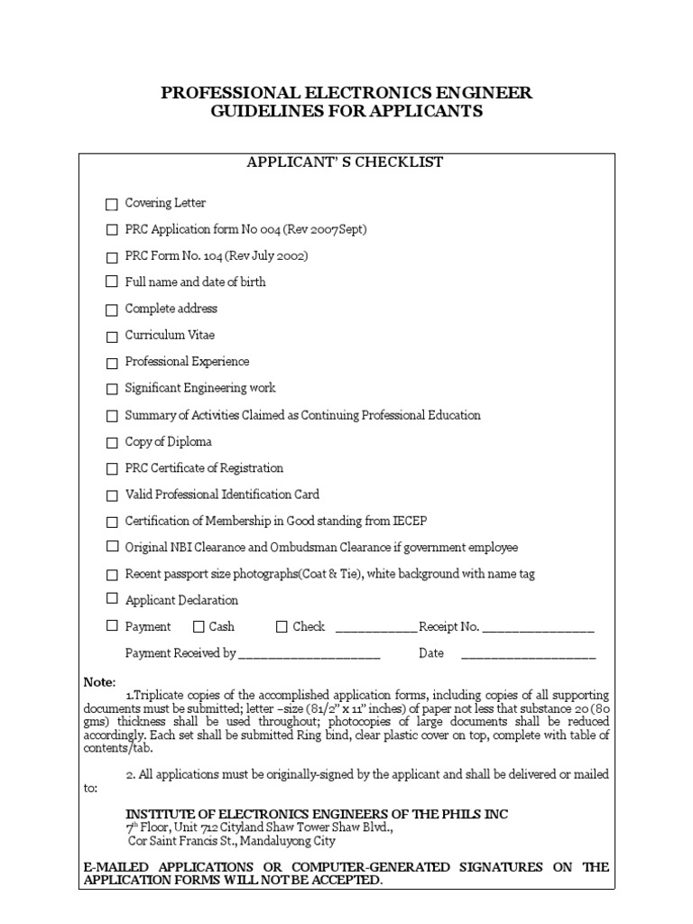 Professional Electronics Engineer Guidelines For Applicants Applicant