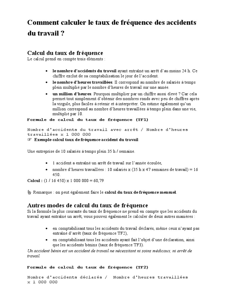 comment calculer un taux de fréquence d accident du travail
