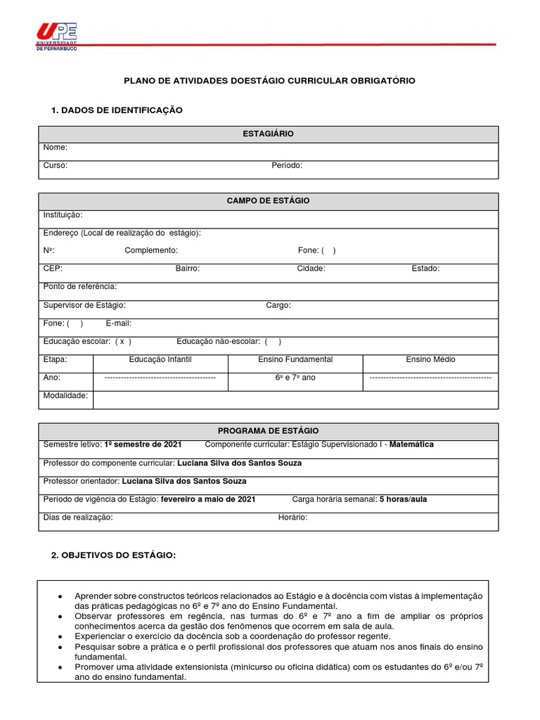 3 - PLANO DE ATIVIDADES DO ESTÁGIO - Licenciaturas - Preenchido | PDF ...