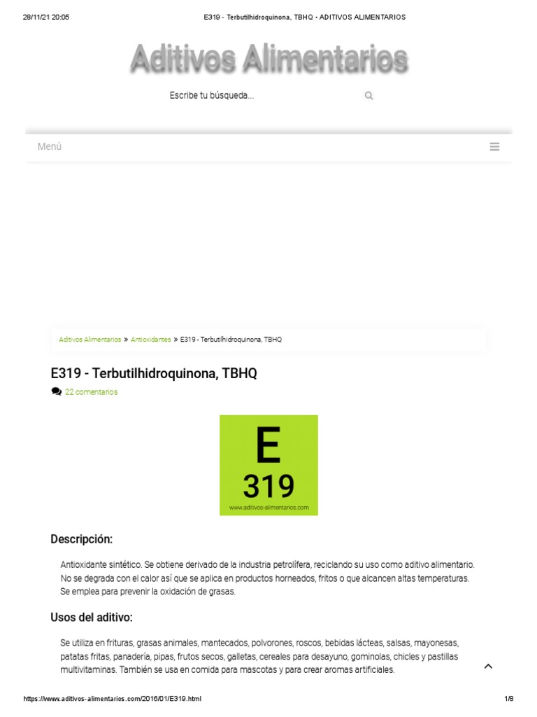 E319 - Terbutilhidroquinona, TBHQ - ADITIVOS ALIMENTARIOS | PDF | Ácido ...