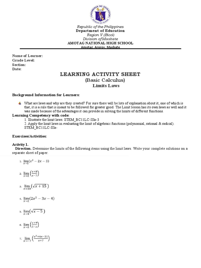 Basic Calculus: Limit Laws Activity Sheet | PDF | Mathematics | Calculus