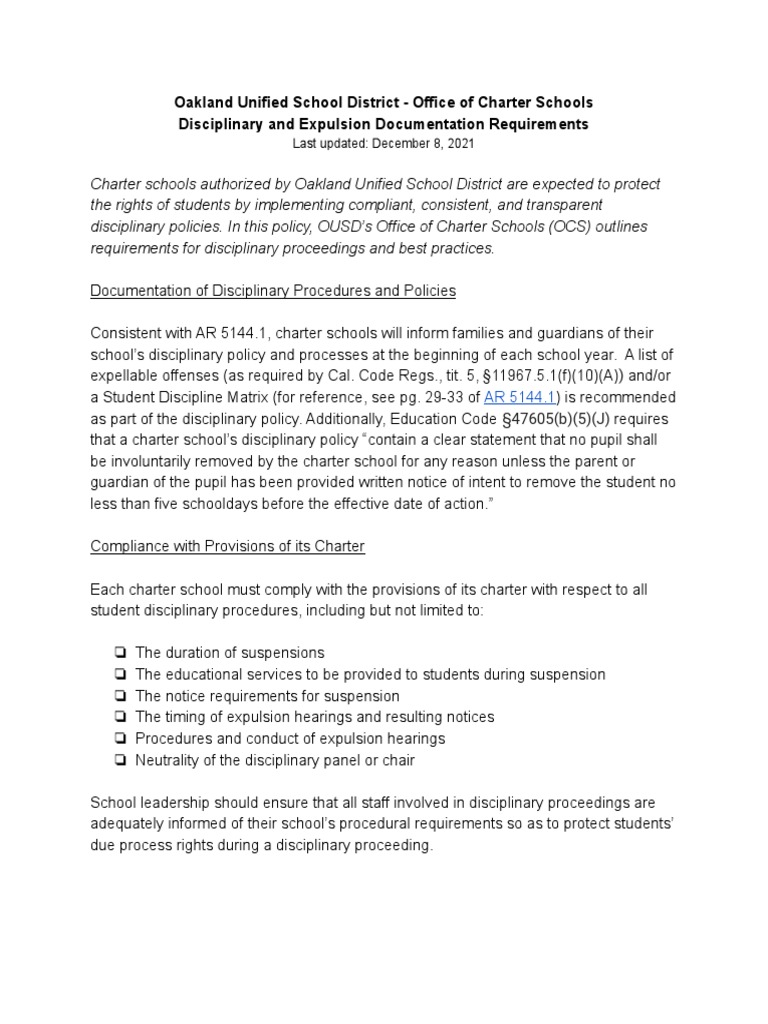 Disciplinary and Expulsion Documentation Requirements | PDF ...