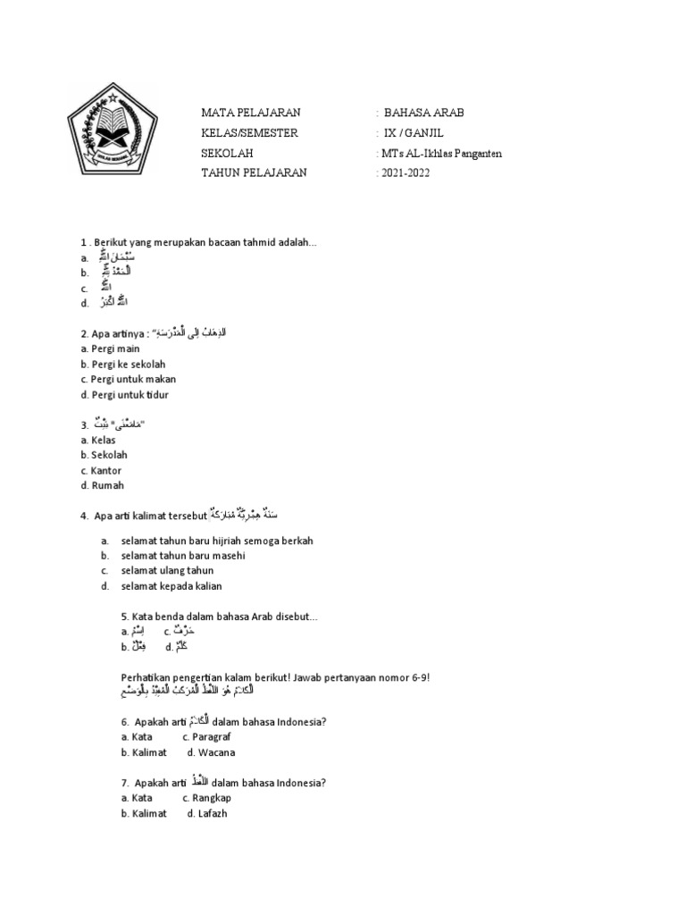 Soal Bahasa Arab Kelas 9 Semester 1 | PDF | Seni & Disiplin Bahasa