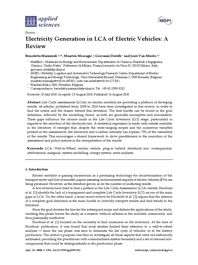 Electricity Generation in LCA of Electric Vehicles PDF Life Cycle