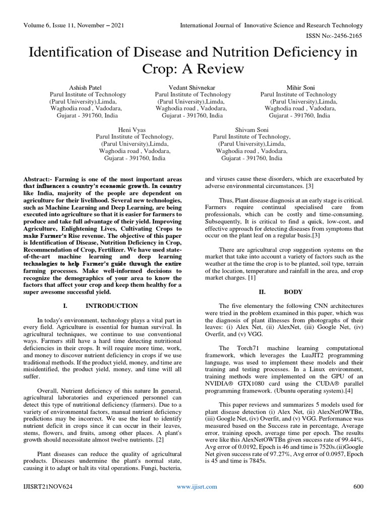 Identification of Disease and Nutrition Deficiency in Crop A Review PDF Agriculture Image