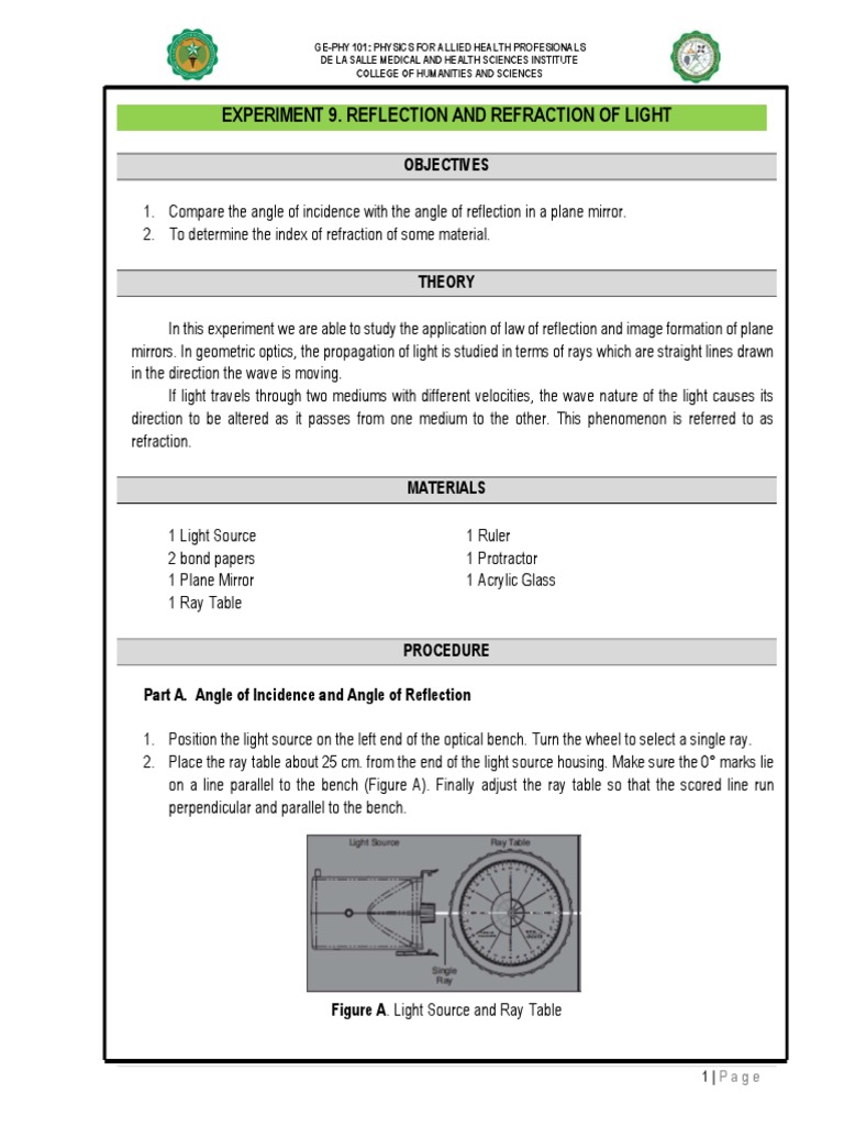LAB MANUAL DATA SHEET Experiment 10. Reflection and Refraction of Light ...