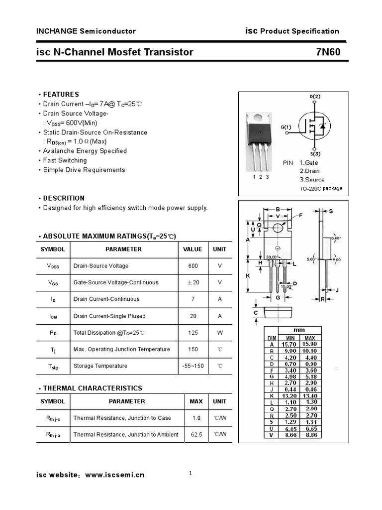 Isc N-Channel Mosfet Transistor 7N60: INCHANGE Semiconductor Product ...