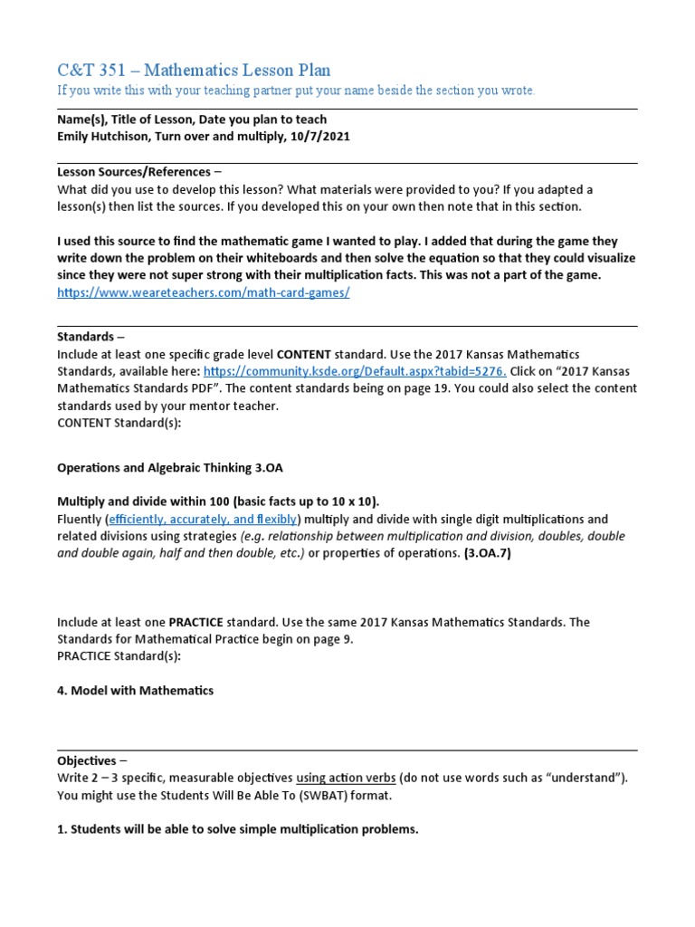 Math Lesson Plan | PDF | Mathematics | Multiplication