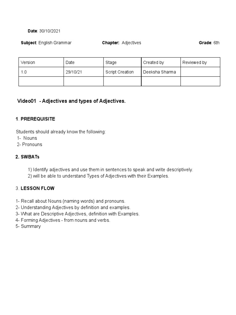 Adjectives Script PDF Adjective Noun