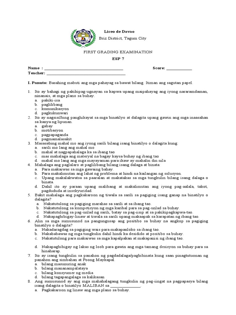 ESP 7 1st Quarter Exam | PDF