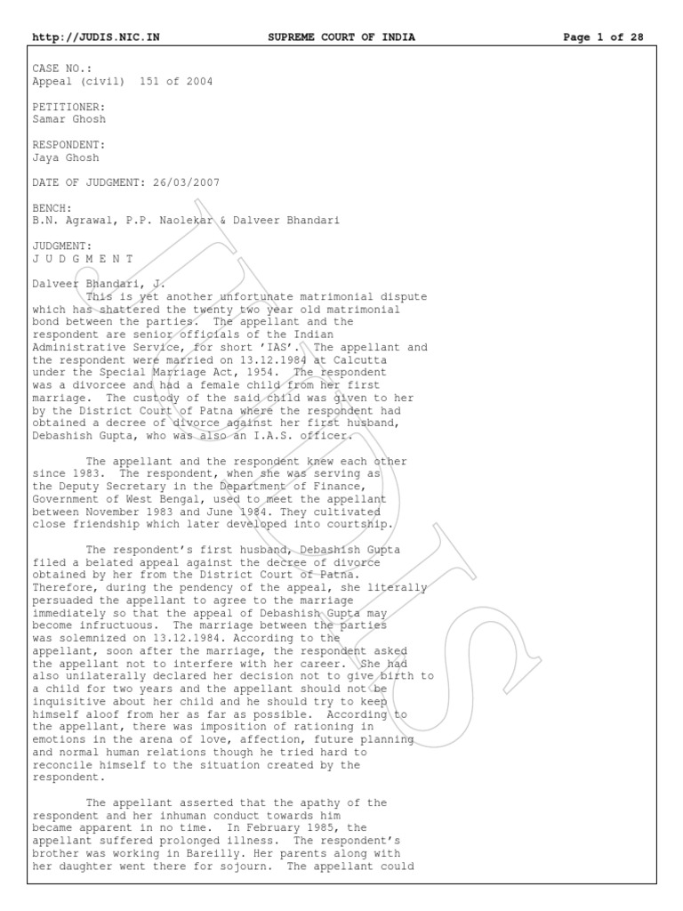 Samar Ghosh vs Jaya Ghosh Case Summary | PDF | Cruelty | Marriage