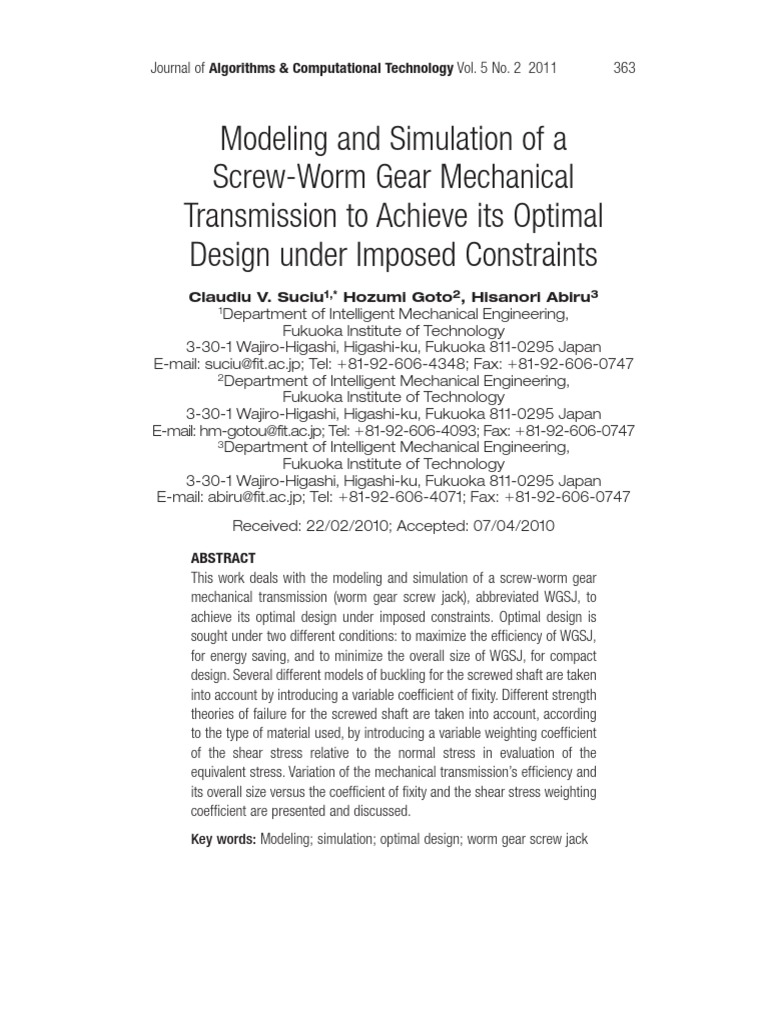 Modeling and Simulation of A Screw Worm Gear Mechanical Transmission To