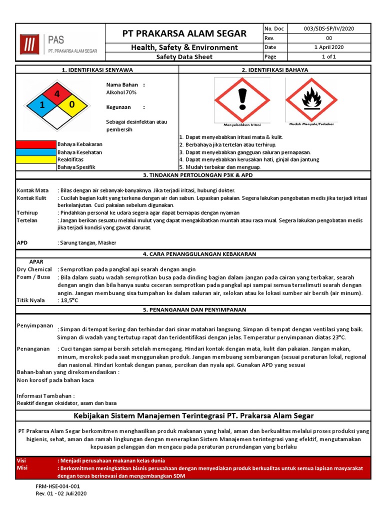 MSDS Alkohol 70% dan Kegunaannya | PDF | Kesehatan Holistik