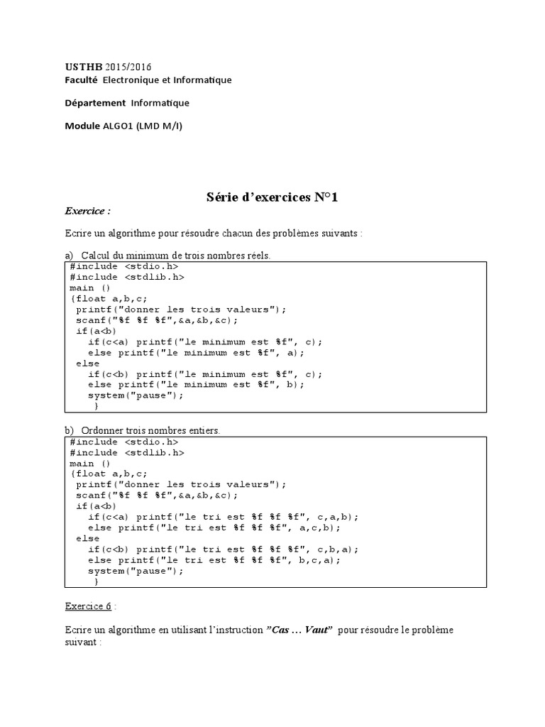 Algorithmes de base en C pour exercices informatiques | PDF ...