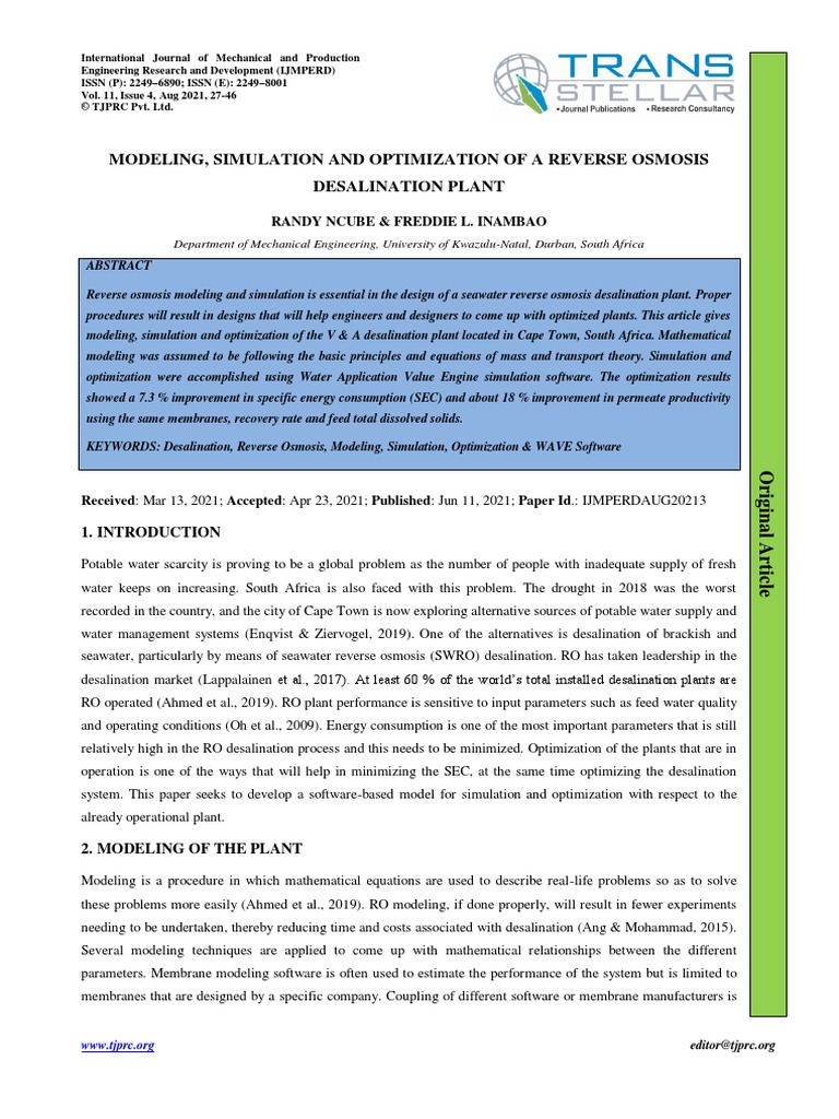 Modeling, Simulation and Optimization of A Reverse Osmosis Desalination ...