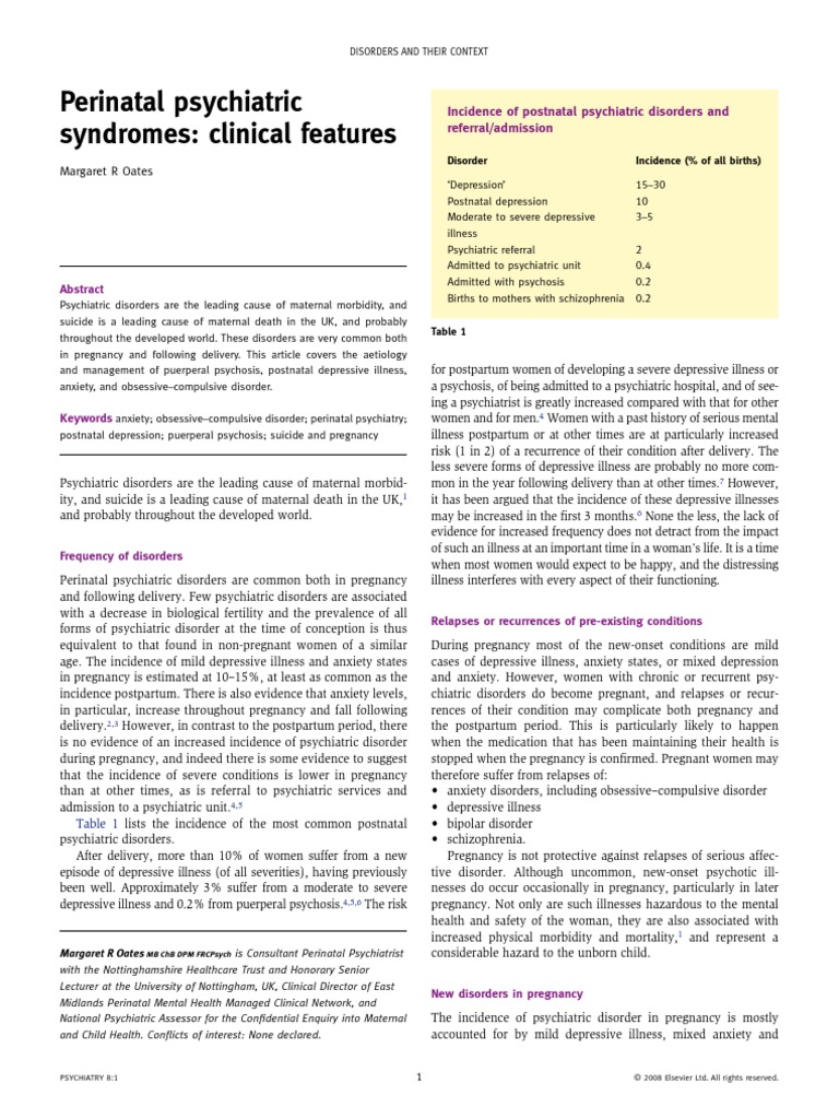 Perinatal Psychiatric Syndromes | PDF | Postpartum Period | Mental Disorder