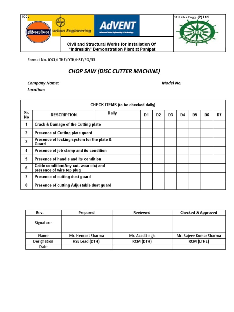 Daily Safety Checklist for Chop Saw at Panipat Demonstration Plant