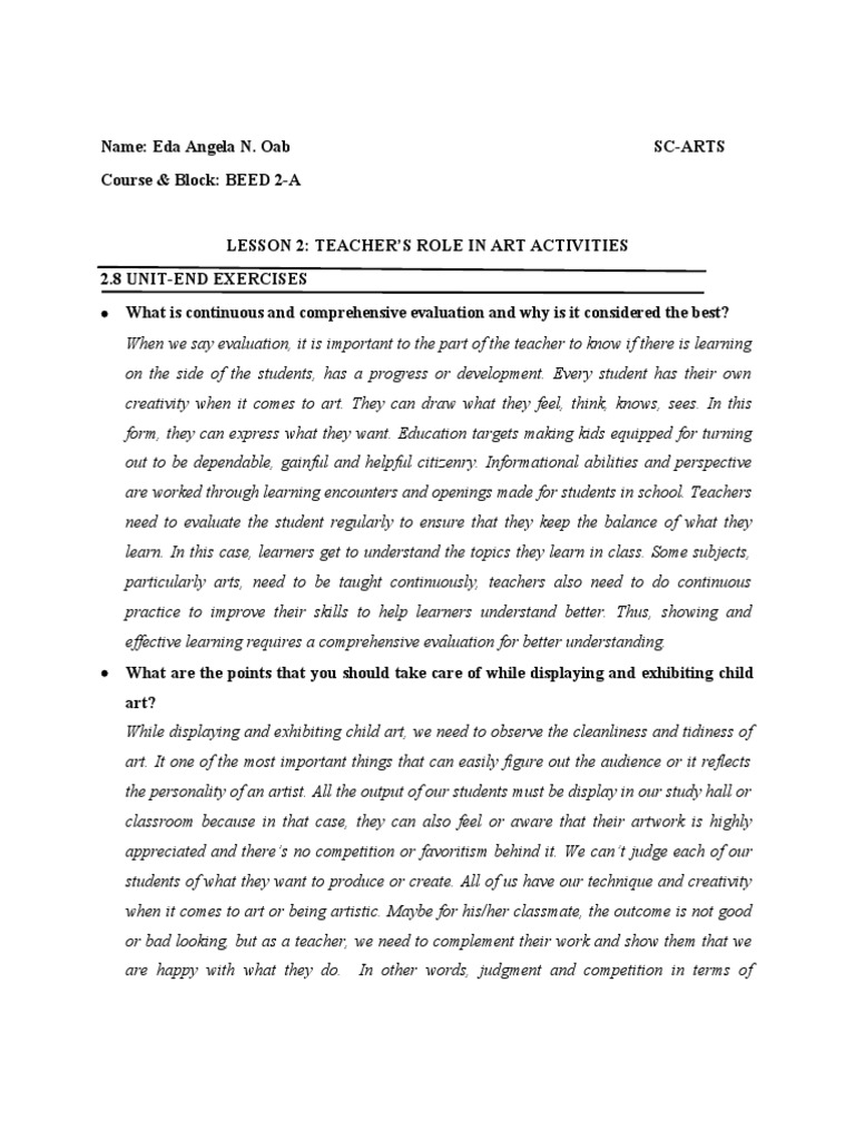 MODULE 1 Lesson 2 (Teachers Role in Art Activities) | PDF | Learning ...