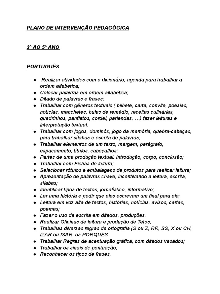 Plano de Intervenção Pedagógica de Português e Matemática - 3º Ao