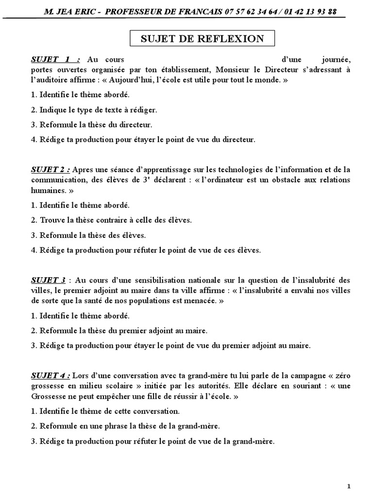 Sujet De Réflexion 3eme Corrigé Pdf