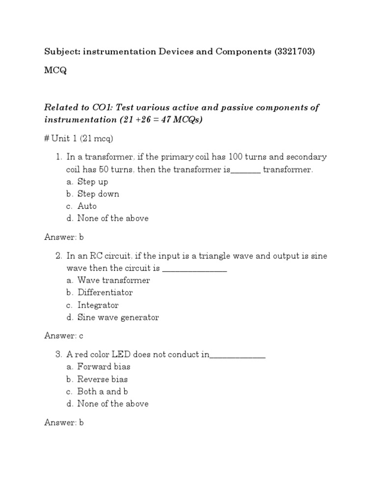 Subject Instrumentation Devices and Components (3321703) MCQ PDF