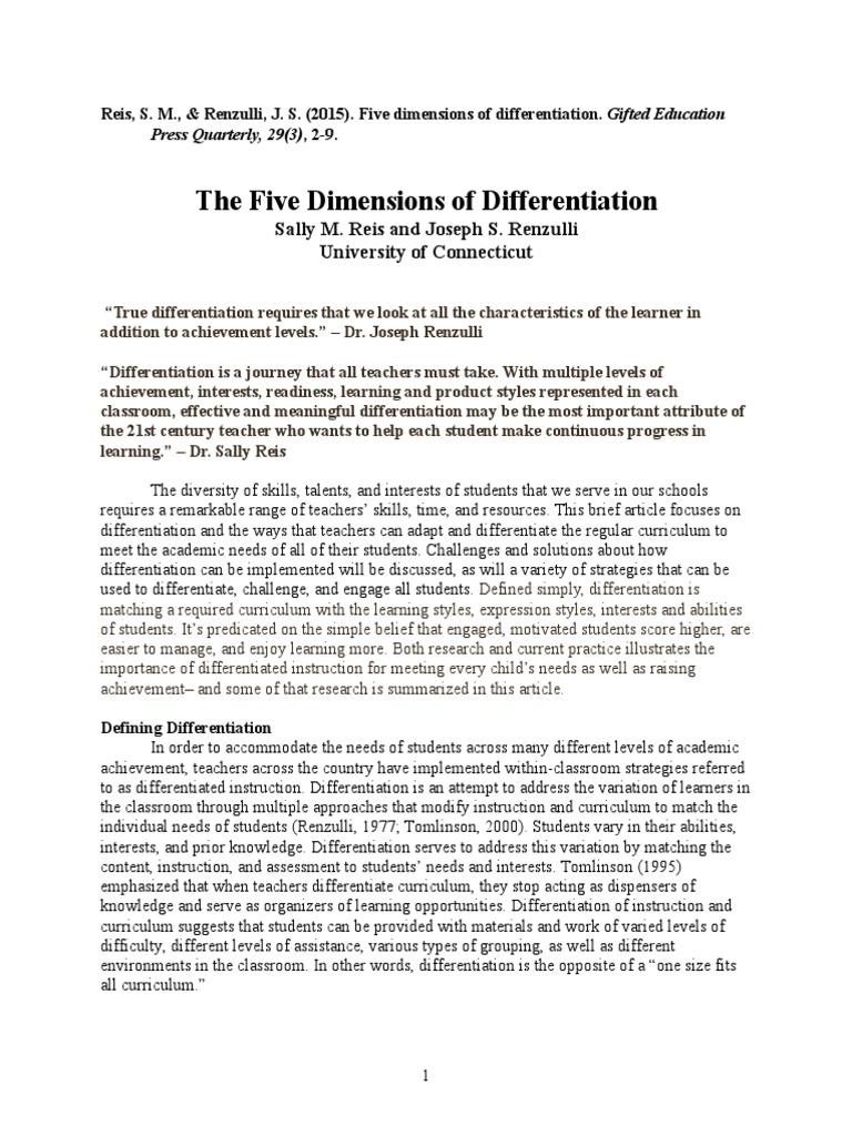 The Five Dimensions of Differentiation: Sally M. Reis and Joseph S ...
