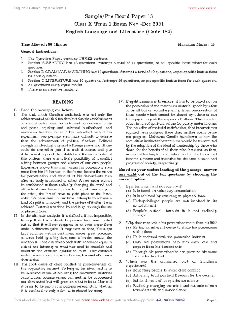 Class X English Term 1 Sample Paper | PDF | Tourism | Egalitarianism