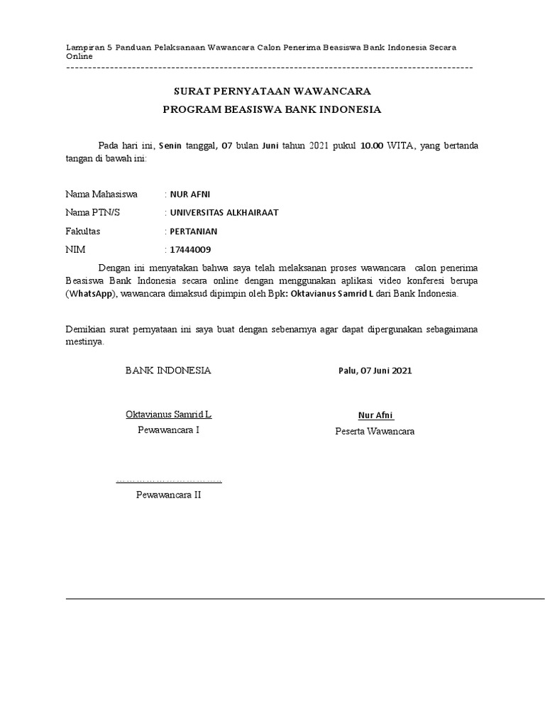 Surat Keterangan Wawancara Beasiswa | PDF